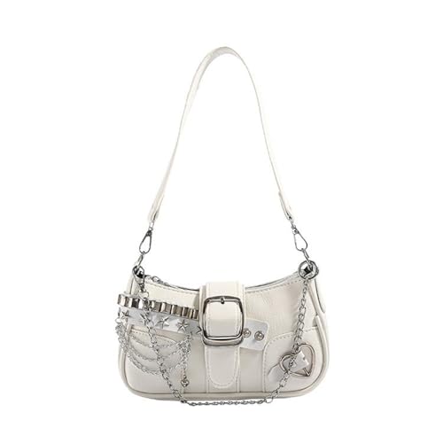 Kelisdi Punk-Unterarmtasche mit Metallkette für Damen, Grunge-Sternnieten, PU-Leder, Handtasche, Achsel-Geldbörse, einzelne Umhängetasche, Metallschnallen, weiß, One Size von Kelisdi