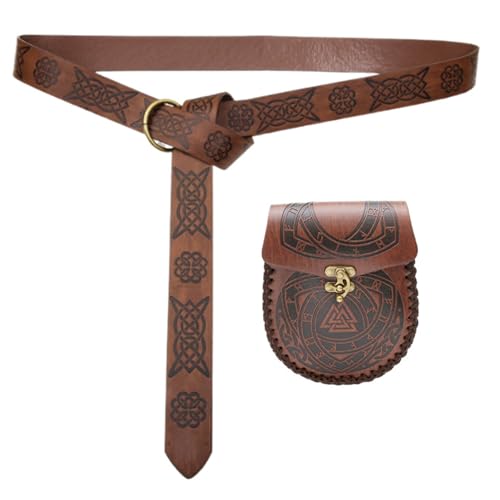 Mittelalter Kostüm Gürtel mit Münztasche Verstellbarer PU Leder Taillengürtel und Geldbörse Set Halloween Party Cosplay Zubehör, Braun B von Kelisdi