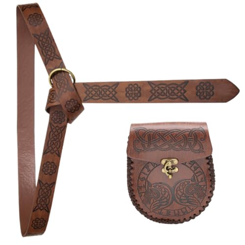 Mittelalter Kostüm Gürtel mit Münztasche Verstellbarer PU Leder Taillengürtel und Geldbörse Set Halloween Party Cosplay Zubehör, Braun a von Kelisdi