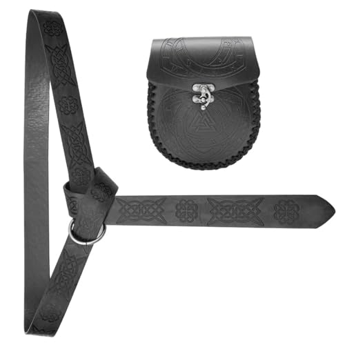 Mittelalter Kostüm Gürtel mit Münztasche Verstellbarer PU Leder Taillengürtel und Geldbörse Set Halloween Party Cosplay Zubehör, Schwarz (B) von Kelisdi