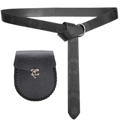 Mittelalter Kostüm Gürtel mit Münztasche Verstellbarer PU Leder Taillengürtel und Geldbörse Set Halloween Party Cosplay Zubehör, schwarz c von Kelisdi