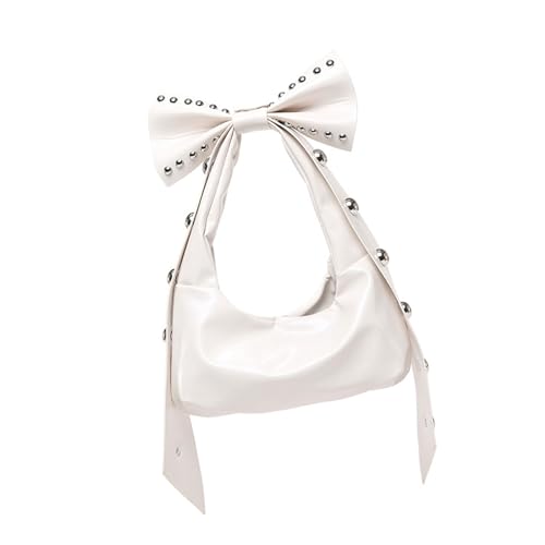 Modische Geldbörse für Damen, Schultertasche mit Nietendetails und abnehmbaren Schleifen, PU-Leder, Achseltasche, stilvolle Unterarmtasche, weiß, One Size Modische Geldbörse für Damen, Schultertasche mit Nietendetails und abnehmbaren Schleifen, PU-Leder, Achseltasche, stilvolle Unterarmtasche, weiß, One Size von Kelisdi