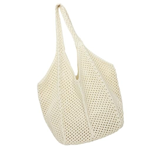 Urlaubs-Netztasche für Damen, einzigartige gehäkelte Strick-Strand-Handtasche mit großem Fassungsvermögen, Schultertasche, Unterarmpackung, stilvolle ausgehöhlte Designs, beige, One Size Urlaubs-Netztasche für Damen, einzigartige gehäkelte Strick-Strand-Handtasche mit großem Fassungsvermögen, Schultertasche, Unterarmpackung, stilvolle ausgehöhlte Designs, beige, One Size von Kelisdi