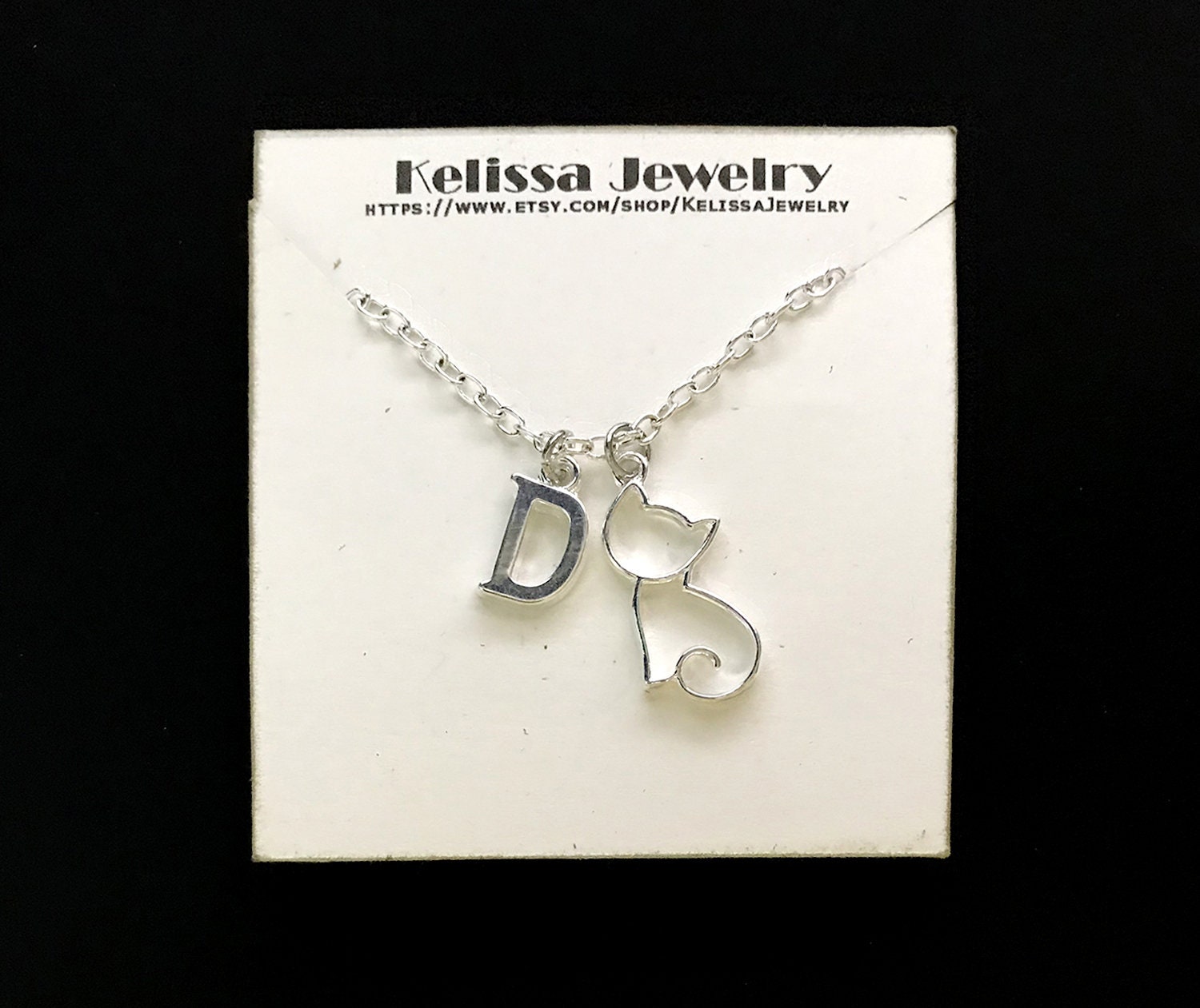 Katzen Halskette Hell Versilbert Personalisierte Anfangskarte Geschenk Katzen Halskette Hell Versilbert Personalisierte Anfangskarte Geschenk von KelissaJewelry