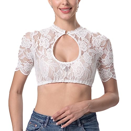 Kelliar Dirndl Bluse Damen Weiß Dirndlbluse Beige Dirndlblusen Kurzarm Trachtenblusen für Damen Spitze Weiss Trachtenbluse Creme Dirndl Blusen Tropfenausschnitt für Bavarian Oktoberfest, Größe 46 von Kelliar