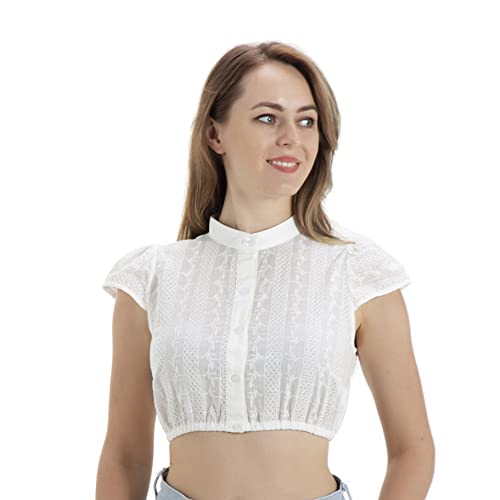 Kelliar Damen Dirndl blusen Hochgeschlossen 100% Baumwolle Kurzarm Oktoberfest Trachten Blusen Weiß, gr 32 von Kelliar