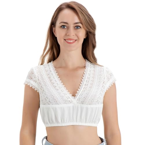 Kelliar Dirndlbluse, Ttrachtenblusen Dirndlbluse Spitze Trachtenbluse Kurzarm Spitzenbluse Blusenbody V-Ausschnitt Baumwolle Bavarian Blickdicht Modern Trachten Dirndl-Bluse, Größe 40 von Kelliar