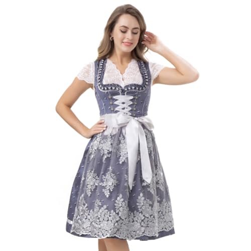 Kelliar Damen Dirndl Midi Grau 60cm 2tlg. mit Dirndlschürze f. Oktoberfest Trachtenkleid Gr. 34 (Ohne Dirndlbluse) von Kelliar