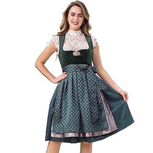 Kelliar Dirndl Damen Dirndl Grün Samt Trachtenrock Midi Mit Trachtenschließe Doppelschichtige Designer Dirndlkleid Wildleder Trachtenkleid für Oktoberfest Karneval, Grün, 60cm Größe 40 von Kelliar