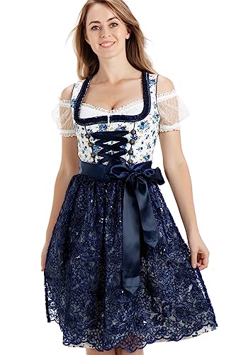 Kelliar Damen Dirndl Midi Trachtenkleid 100% Baumwolle. Mit Spitzenschürze Dirndlkleid für Oktoberfest Blau Weiß Gr.44 von Kelliar