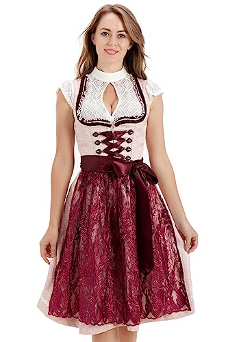 Kelliar Damen Dirndl Midi Trachtenkleid 100% Polyester, Mit Rote Strassstein Spitzen schürze Schnürung Dirndlkleid für Oktoberfest Rotwein Rosa 50cm, Größen 38 von Kelliar