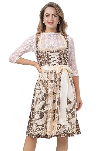 Kelliar Damen Dirndl Midi Trachtenkleid 100% Polyester, Mit Simulationsperle Spitzen schürze Schnürung Dirndlkleid für Oktoberfest Goldbraun 60cm, Größen 34 von Kelliar