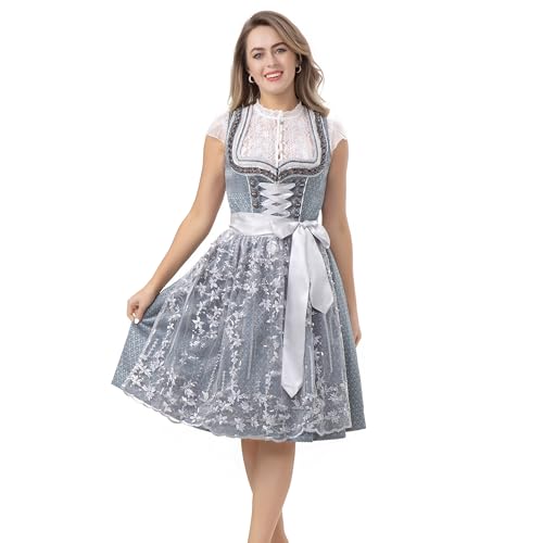 Kelliar Damen Dirndl Midi Trachtenkleid 100% Polyester, Mit Simulationsperle Spitzen schürze Schnürung Dirndlkleid für Oktoberfest Graublau 60cm, Größen 34 von Kelliar