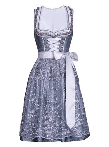 Kelliar Dirndl, Dirndl Damen midi Mit Spitze Dirndlschürzen Grau U-Ausschnitt Trachtenrock Damen Knielang 60cm Trachtenkleid Midi Reißverschluss Dirndlkleid Mit Seitentaschen Oktoberfest, Größen 34 von Kelliar