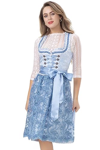 Kelliar Damen Dirndl Midi Trachtenkleid 100% Polyester, Dirndl (Dirndlbluse Nicht enthalten) mit Spitze Schürze 60cm Dirndlkleid für Oktoberfest Hellblau, Größen 34 von Kelliar