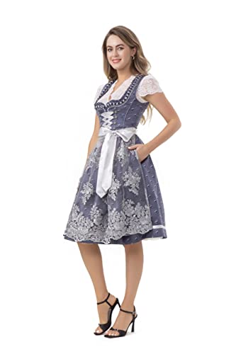 Kelliar Dirndl Damen Dirndl Midi Trachtenrock Trachtenkleid Elegant Traditionell KleiderMit Dirndlschürze xklusives Designer Dirndlkleid Trachtenkleid für Oktoberfest Kostüm, Graublau, 60cm Größe 38 von Kelliar