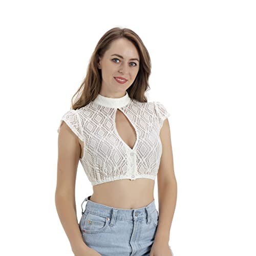 Kelliar Damen Dirndl Bluse Edles Tiefes Dekolleté Trachtenbluse Spitze für Oktoberfest Hochgeschlossen Dirndlbluse Kurzarm Transparent von Kelliar