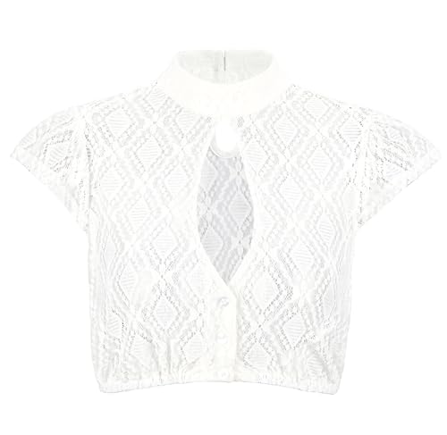 Kelliar Dirndl Bluse Damen, Trachtenbluse Damen Weiß Dirndlbluse Hochgeschlossen Spitze Weiss Creme Cotton Kurzarm Dirndlbluse für Oktoberfest Bluse, Größe 42 von Kelliar