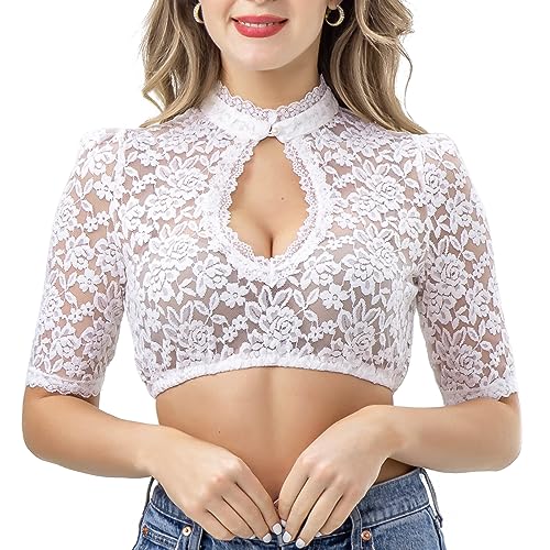 Kelliar Damen Dirndlbluse Spitze Hochgeschlossen Halbarm Dirndl Bluse Durchbrochener durchsichtiger Blumendruck Trachtenbluse für Oktoberfest Weiß, Größe 38 von Kelliar