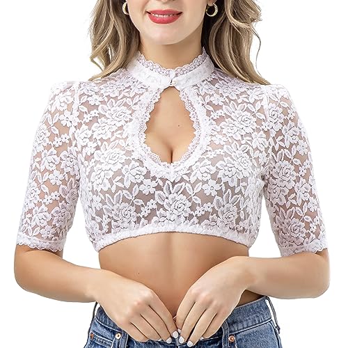 Kelliar Dirndlbluse Spitze Hochgeschlossen,Dirndl Blusen Weiß Dirndl Spitze Kurzarm Aushöhlen mit Knopf Tropfenausschnitt,Größe 38 von Kelliar