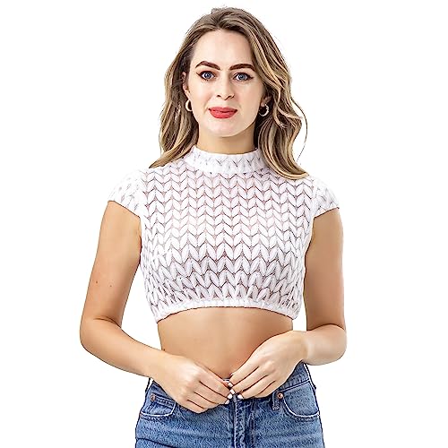 Kelliar Damen Dirndlbluse Spitze Hochgeschlossen Kurze Ärmel Blatt-Muster Drucke Dirndl Bluse Trachtenbluse für Oktoberfest Bavarian Weiß, Größe 38 von Kelliar