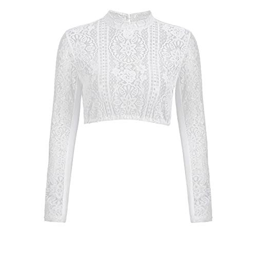 Kelliar Dirndl Bluse Damen Trachtenbluse Damen Langarm Spitze Dirndlbluse Hochgeschlossen Weiß Trachtenblusen Bluse Weiss Elegant Blumen Weiß Dirndlbluse für Oktoberfest Größe 40 von Kelliar