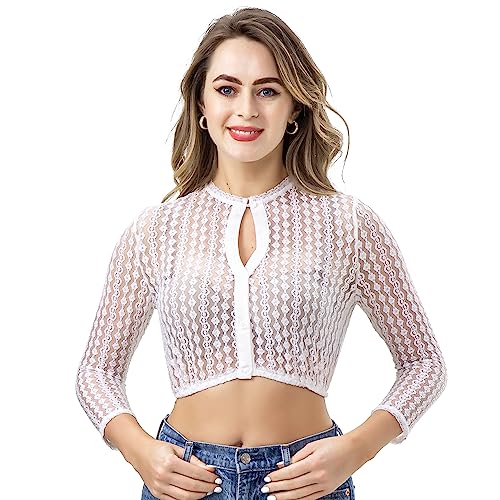 Kelliar Dirndl Bluse Damen,Dirndlbluse Langarm Spitze Spitzenbluse Weiß Langarm Spitze 3/4 Arm Tropfen-Ausschnitt Trachtenblusen Oktoberfest Bluse, Größen 32 von Kelliar