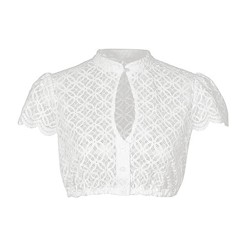 Kelliar Dirndl Bluse Damen Dirndlbluse Hochgeschlossen Trachtenbluse Damen Weiß Dirndlbluse mit Knopf Bluse mit Spitze Dirndlbluse mit Lochausschnitt Spitze Creme für Oktoberfest Größe 40 von Kelliar