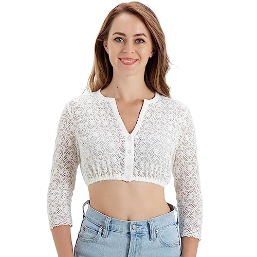 Kelliar Dirndlbluse Weiß, Dirndlbluse Spitze Dirndl Bluse Damen Langarm Weiß Rundhalsausschnitt Dirndlbluse Damen 3/4 Arm Dirndlblusen Trachtenblusen Größe 40 von Kelliar