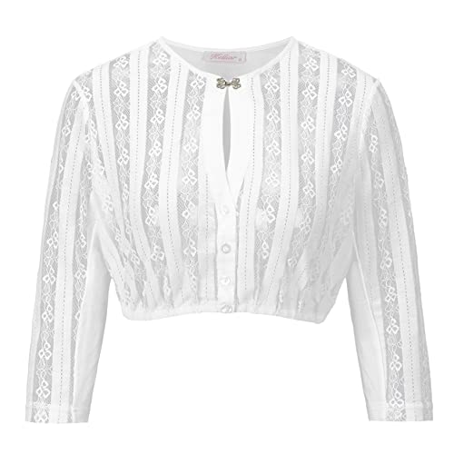 Kelliar Dirndl Bluse Damen Weiß, Dirndlbluse Langarm DirndlBlusen Tropfenausschnitt Elegante Dirndl Bluse Spitze Trachtenblusen Damen Dreiviertelarm für Bavarian Oktoberfest, Größe 42 von Kelliar