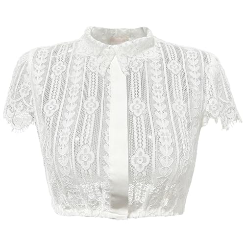 Kelliar Dirndl Bluse Damen Weiß Dirndl Bluse Kurzarm Dirndlbluse Spitze Flügelärmel Trachtenbluse Damen Dirndlblusen Hochgeschlossen Elegante für Oktoberfest Bluse, Größe 36 von Kelliar
