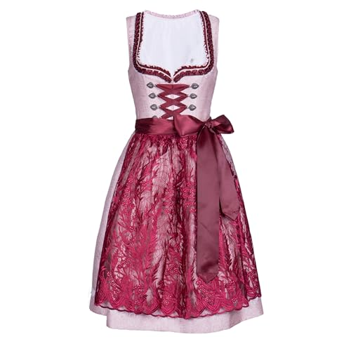 Kelliar Dirndl Damen 60cm Midi Halblang mit Dirndlschürze, Rosa Dirndl mit Weinrot Spitzeschürze, Trachtenkleid mit Taschen Dirndelkleider Germandress Faschingskostüm für Oktoberfest von Kelliar