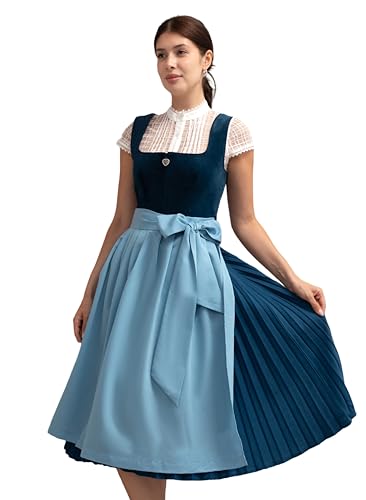 Kelliar Dirndl Damen 70cm Länge Knielang Eleganten Samt-Dirndl Blau Lang Dirndlschürze Modern Trachtenkleid Midi Dunkelblau Mit Seitentaschen Perfekt für Oktoberfest Damen Dirndlkleider, Größe 40 von Kelliar