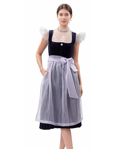 Kelliar Dirndl Damen Lang 70cm Dirndl Blau Samt Dirndlkleid Trachtenrock Damen Plissierter Saum Trachtenkleid Farbblockierung Mit Seitentaschen 70cm für Oktoberfest Outfit, Größe 42 von Kelliar