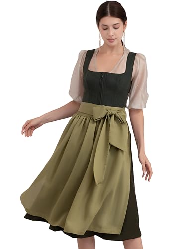 Kelliar Damen Dirndl Midi Dirndl für Damen Grün Dunkelgrünes Dirndlkleid Trachtenmode Kleid mit Dirndlschürze Trachtenkleid,70cm Olivfarbene für Oktoberfest Größe 36 von Kelliar