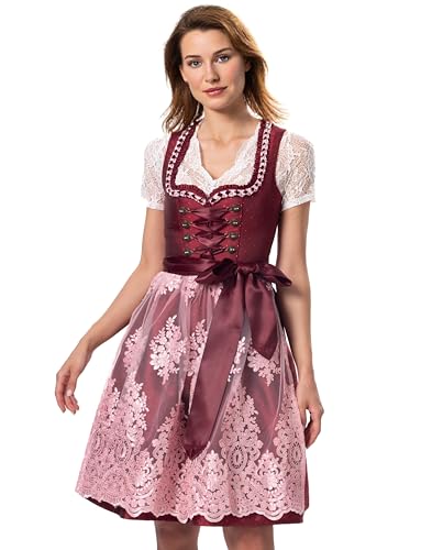 Kelliar Dirndl Damen Rot Dirndl Midi Trachtenrock Damen Midi 60cm Lang Dirndlkleid Damen Trachtenkleider Modern Elegante für Oktoberfest mit Spitzenschürze Größ 34 von Kelliar