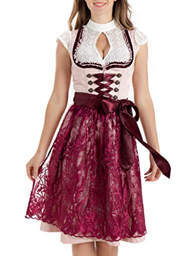 Kelliar Dirndl Damen 60cm Midi Halblang mit Dirndlschürze, Rosa Dirndl mit Weinrot Spitzeschürze, Trachtenkleid mit Taschen Dirndelkleider Germandress Faschingskostüm für Oktoberfest von Kelliar