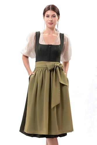 Kelliar Dirndl Lang Dirndl für Damen Grün Trachtenkleid Damen Modern Elegant mit Seitentaschen Dirndlkleid Grün Schürze Lang 70cm,Oktoberfest, Größe 44 von Kelliar