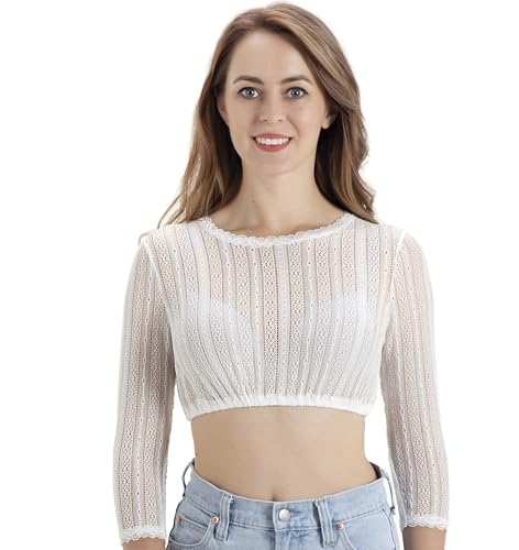 Kelliar Damen Dirnlbluse Siebenvierertelärmel Spitze mit Elegantes Transparent Langarm trachtenbluse für Oktoberfest, Weiß Größe 42 von Kelliar