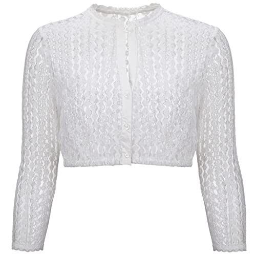 Kelliar Dirndlbluse Spitze Dirndl Bluse Damen Weiß Elegant Dirndl Bluse Spitze Weiss Dirndlblusen Tropfenausschnitt Trachtenbluse Damen Weiß Rundhalsausschnitt Oktoberfest, Größe 38 von Kelliar