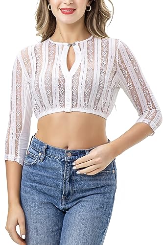 Kelliar Dirndl Bluse Damen Dirndlbluse Langarm 3/4 Arm Spitze Dirndl Blusen Trachtenbluse Damen Weiß Langarm Tropfen-Ausschnitt Spitzenbluse für Oktoberfest Bluse, Größe 34 von Kelliar