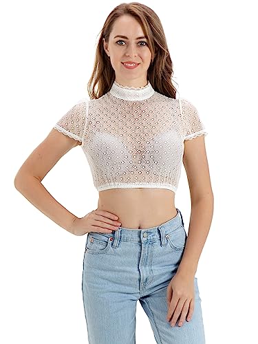 Kelliar Dirndl Bluse Damen Elegante Dirndlbluse Hochgeschlossen Spitze Kurzarm Trachtenbluse Weiß Transparent, Größe 40 von Kelliar