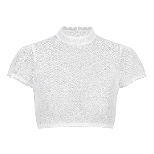 Kelliar Dirndlbluse Hochgeschlossen, Damen Dirndl Bluse Spitze Weiß Trachtenbluse für Oktoberfest Transparent Kurzarm Dirndlblusen Creme, Größe 44 von Kelliar