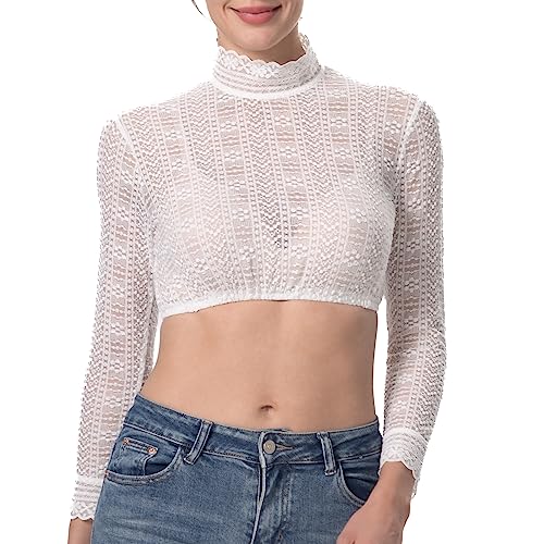 Kelliar Dirndlbluse Damen Hochgeschlossen Trachtenbluse Weiß Dirndl Bluse Damen Langarm Trachtenblusen Spitze für Oktoberfest, Größe 46 von Kelliar