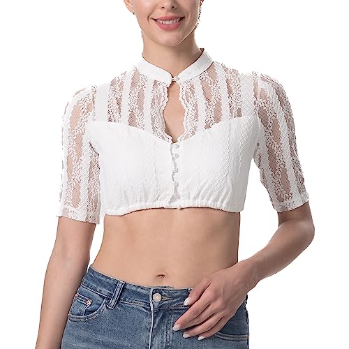 Kelliar Trachtenbluse Dirndl Bluse Damen Spitze Elegante Trachtenbluse Tropfenausschnitt Creme Dirndlbluse Weiß für Bavarian Oktoberfest, Größe 36 von Kelliar