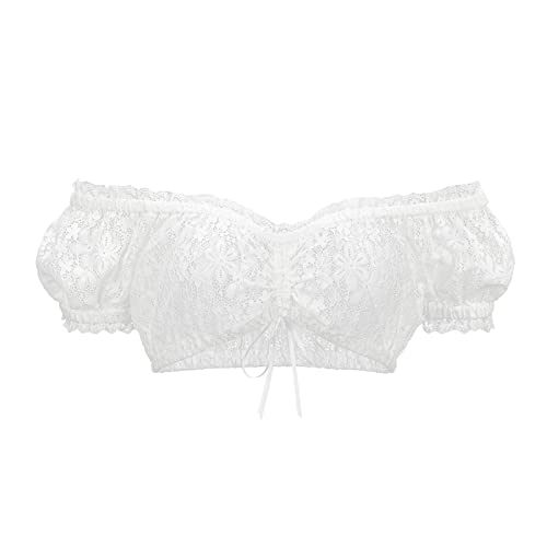 Kelliar Dirndl Bluse Damen Kurzarm, Dirndlblusen Weiß Creme Spitze Trachtenbluse Damen Elegante Schulterfreie für Oktoberfest Größe 42 von Kelliar