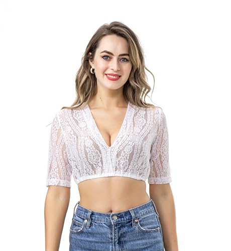 Kelliar Dirndlbluse V Ausschnitt, Dirndlbluse Damen 3/4 Arm Dirndlbluse Spitze Dirndl Blusen Weiß Bluse Weiß Damen Spitzenbluse Carmenbluse Größe 40 von Kelliar
