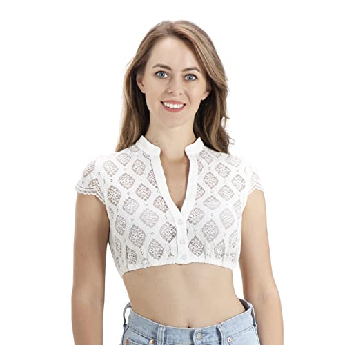 Kelliar Dirndl Bluse Damen Dirndlbluse V Ausschnitt Spitze Trachtenbluse Damen Dirndlbluse Weiß V Ausschnitt Kurzarm Dirndlbluse mit Kragen Bavarian Trachtenblusen für Oktoberfest, Größe 42 von Kelliar
