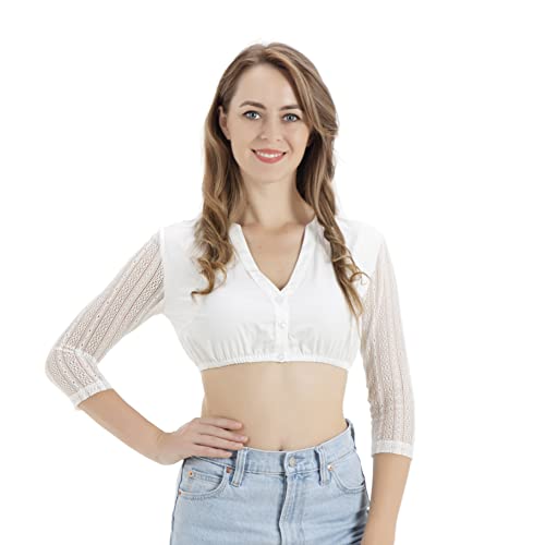 Kelliar Dirndl Bluse Damen Langarm Dirndlbluse Langarm Spitze Trachtenbluse Damen Weiß Baumwolle V-Ausschnitt Trachtenblusen 3/4 Ärmel Inkl mit Knopf für Oktoberfest Bluse, Größe 34 von Kelliar