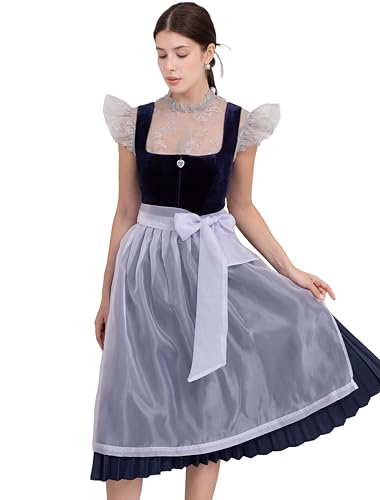 Kelliar Trachtenkleid Damen, Dirndl Midi Marineblau Dirndl Für Damen 70cm Eckiger Ausschnitt Dirndlrock Mit Purpurne Schürze für Oktoberfest，Größe 40 von Kelliar